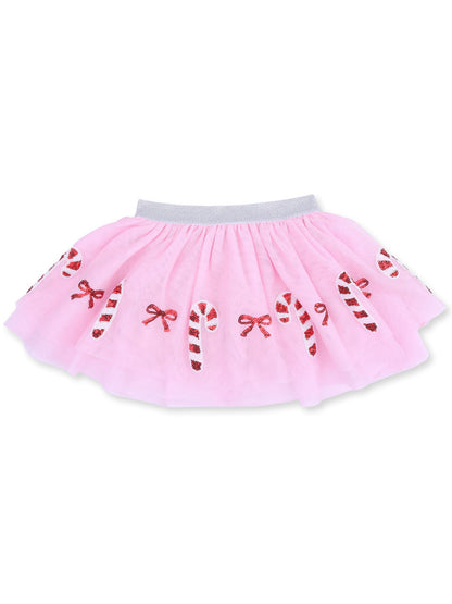 Pink tulle skirt with candy cane and bow designs, perfect for festive occasions.