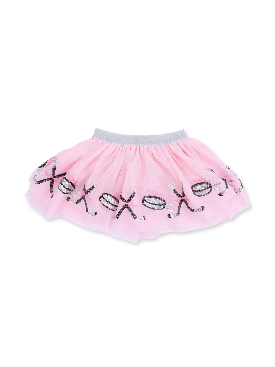 Pink tutu skirt with silver "XOXO" sequins on the hem, featuring an elastic waistband for comfort.