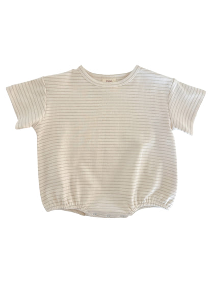 Cream striped infant shirt with short sleeves and snap closures at the bottom.