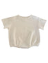 Cream striped infant shirt with short sleeves and snap closures at the bottom.