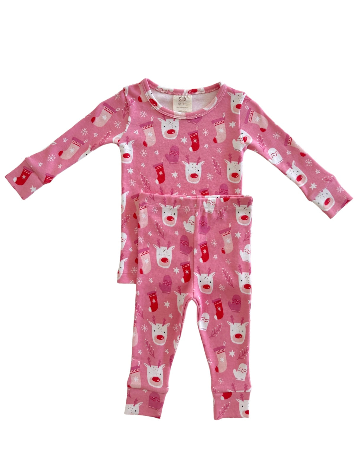 Pink pajamas with reindeer and Christmas stockings pattern, featuring a long-sleeve top and matching pants.