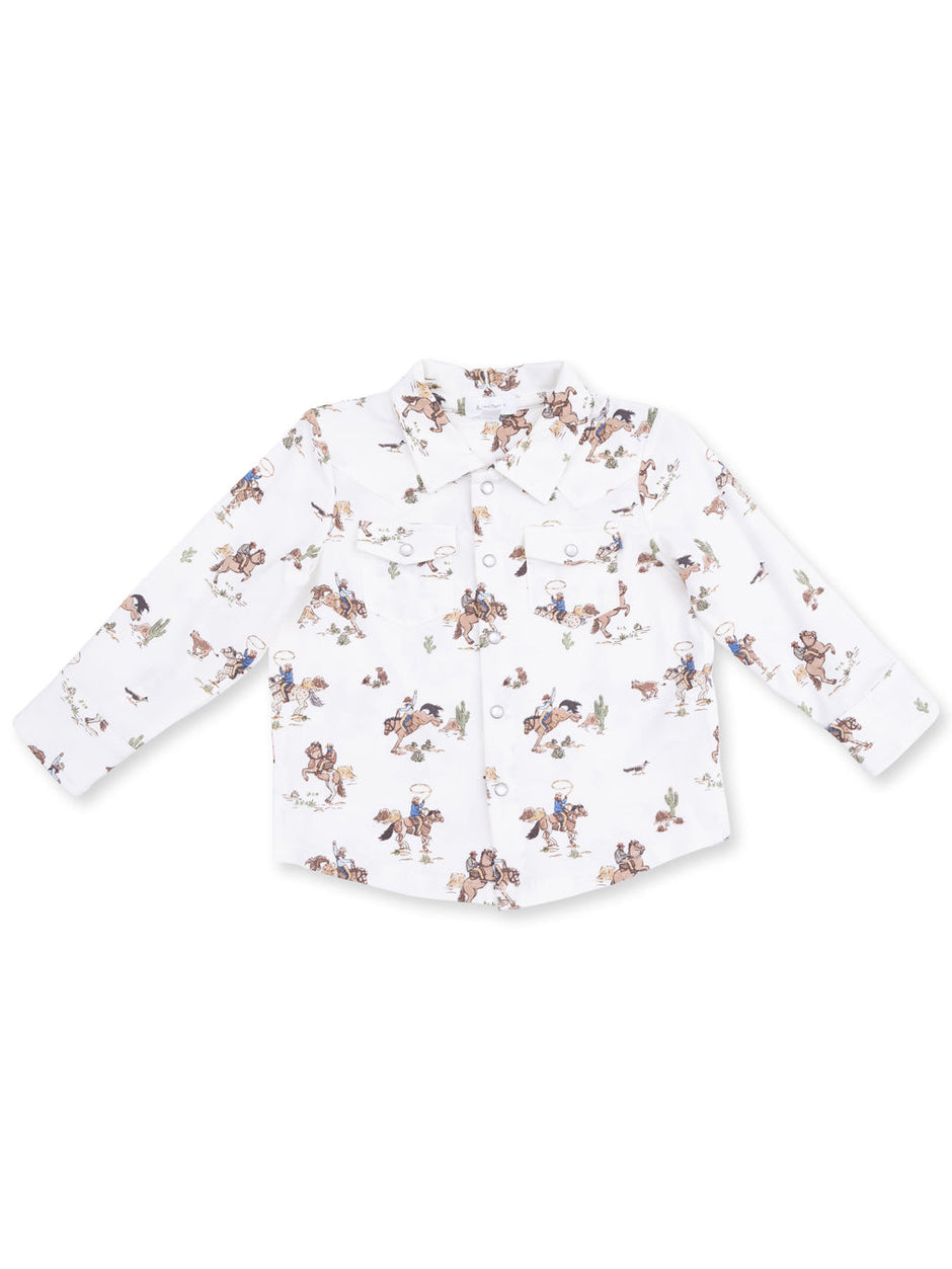 White long-sleeve shirt with a colorful cowboy and cactus pattern. Suitable for kids’ casual wear.