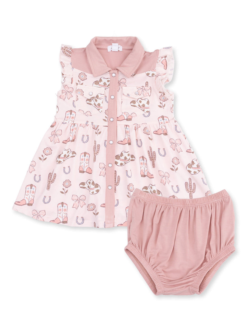 Pink dress and bloomers set with Western-themed patterns, including boots, cacti, and flowers.