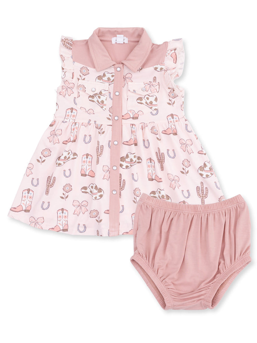 Pink dress and matching bloomers with western-themed patterns, including boots, cacti, and bows.