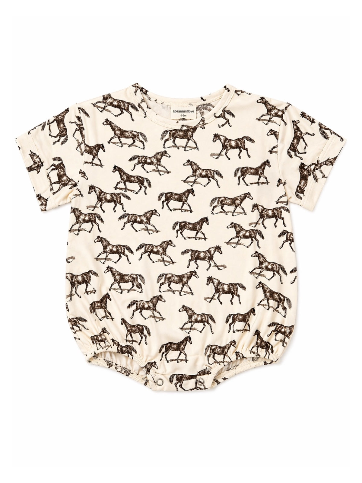 Light cream baby onesie featuring a pattern of galloping horses in brown. Soft, comfortable fabric for infants.