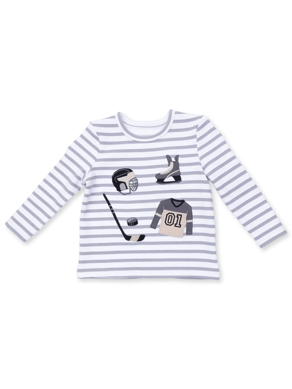Gray and white striped long-sleeve shirt with hockey graphics: helmet, skates, stick, puck, and jersey.