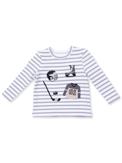 Gray and white striped long-sleeve shirt with hockey graphics: helmet, skates, stick, puck, and jersey.