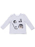 Gray and white striped long-sleeve shirt with hockey graphics: helmet, skates, stick, puck, and jersey.