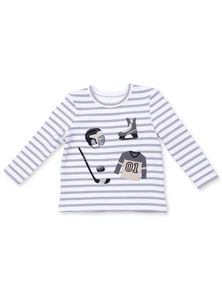 Gray and white striped long-sleeve shirt with hockey graphics: helmet, skates, stick, puck, and jersey.