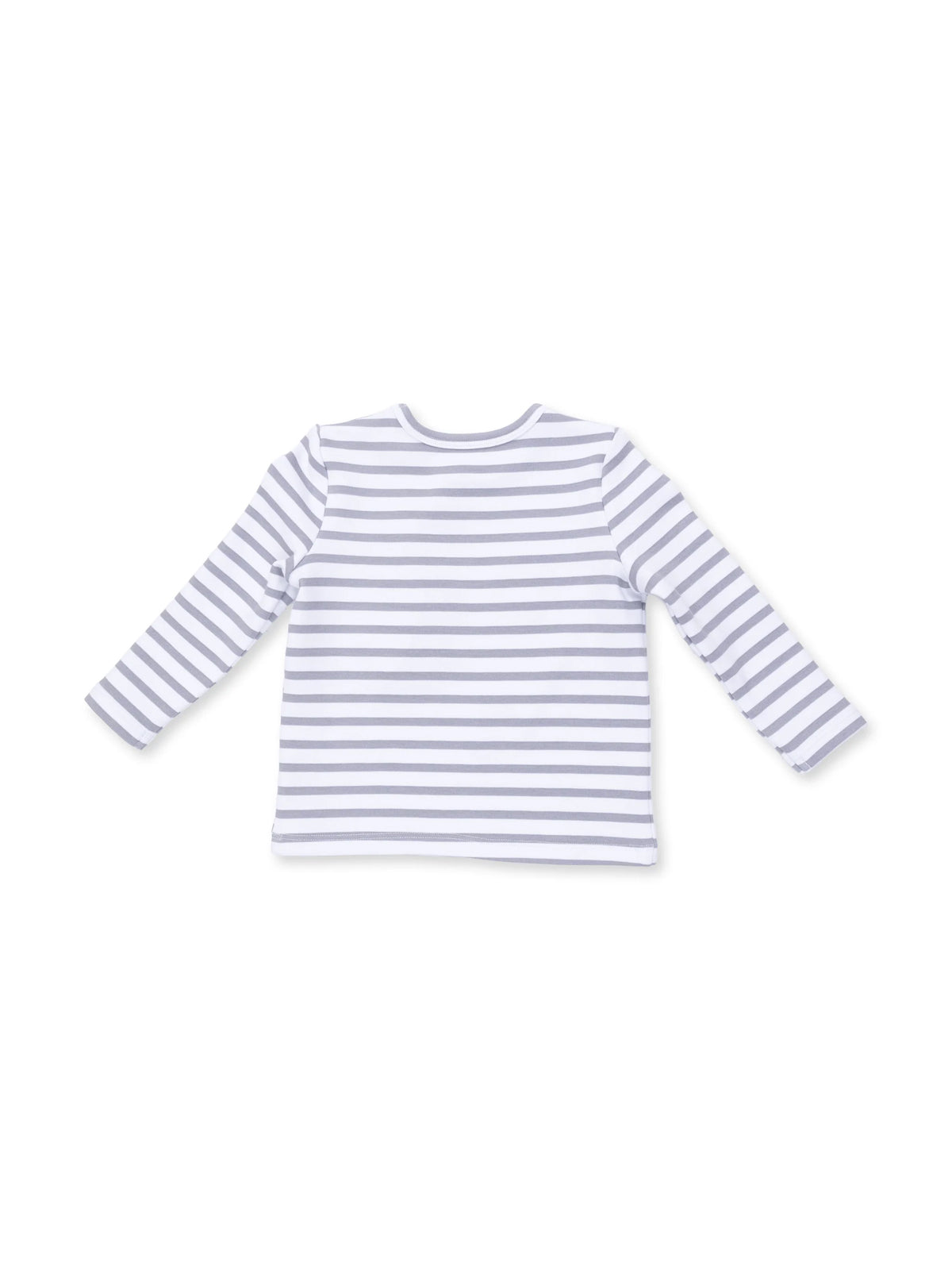 Back view of a long-sleeve striped shirt in gray and white, displaying horizontal stripes.