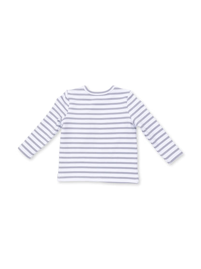 Back view of a long-sleeve striped shirt in gray and white, displaying horizontal stripes.