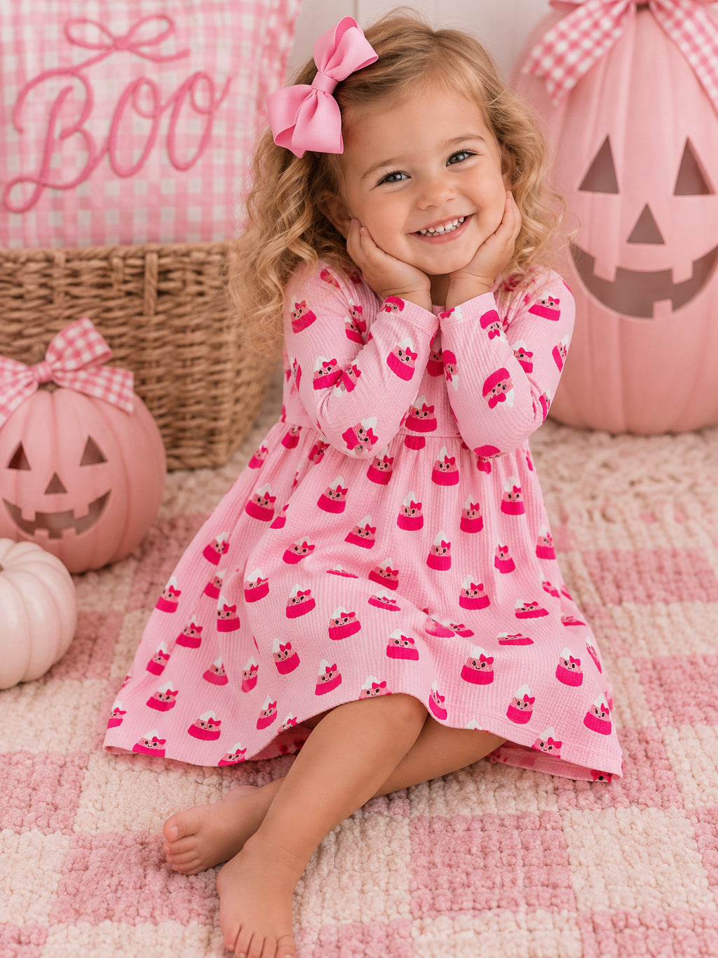 Smiling girl in a pink cupcake dress and bow, seated among pink pumpkins on a soft textured rug.