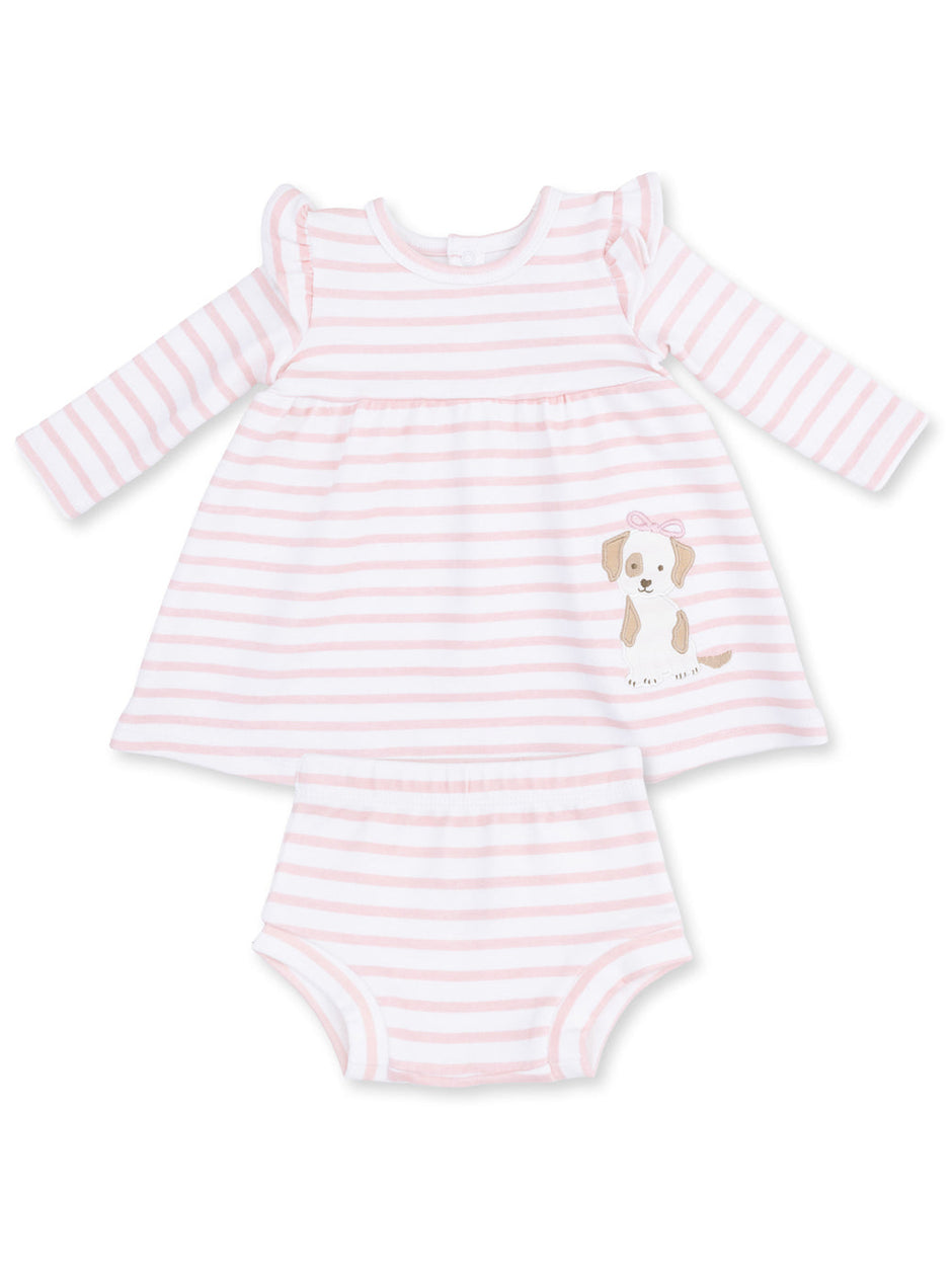 Pink and white striped baby dress with ruffled sleeves and a puppy graphic, paired with matching bloomers.