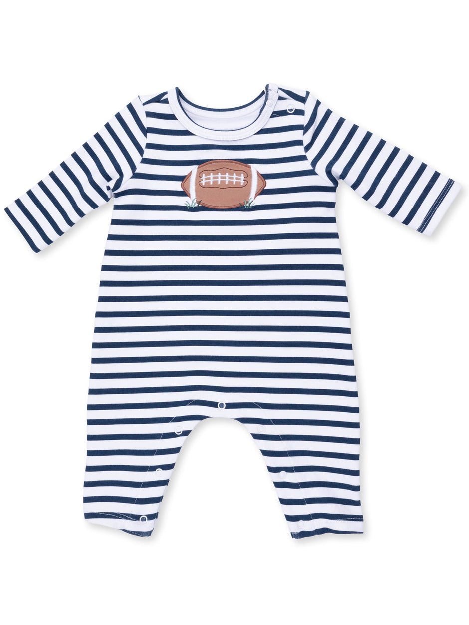 Striped baby romper with a football design on the chest, featuring long sleeves and snap buttons for easy dressing.