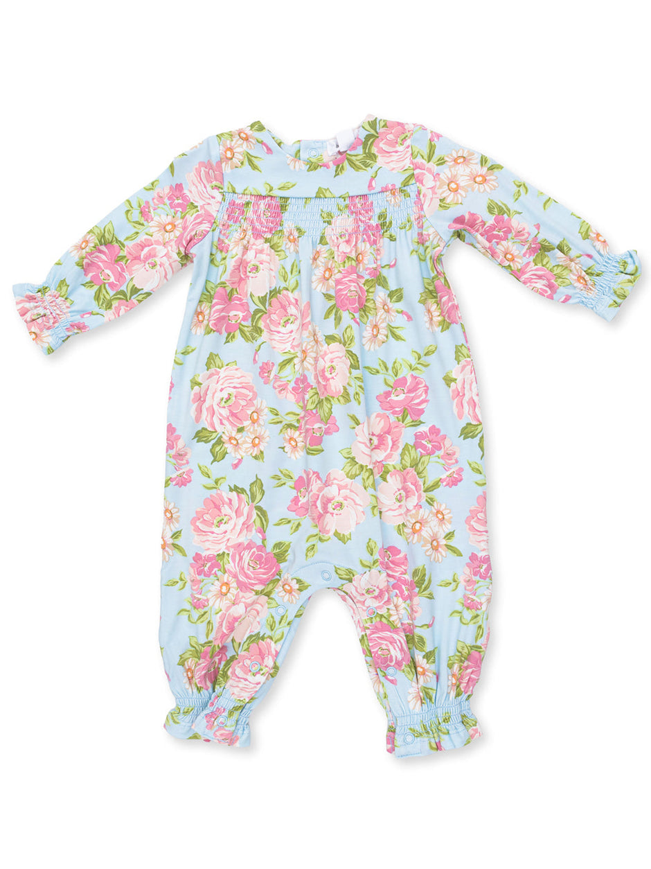 Floral baby romper in pastel blue with pink roses and smocked detailing, perfect for spring attire.