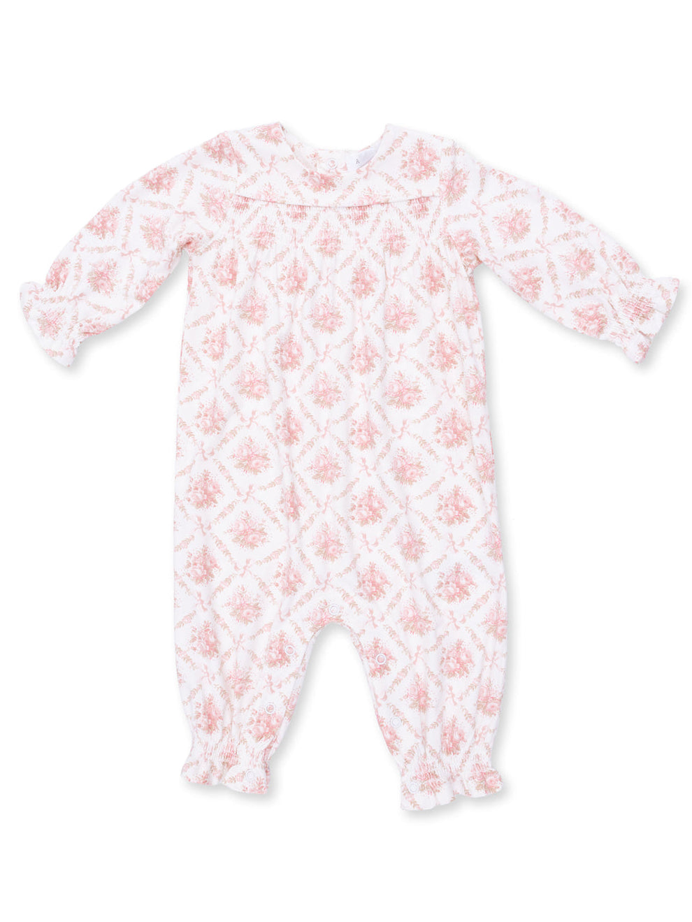 Smocked Long Sleeve Romper, Rose Bow Lattice