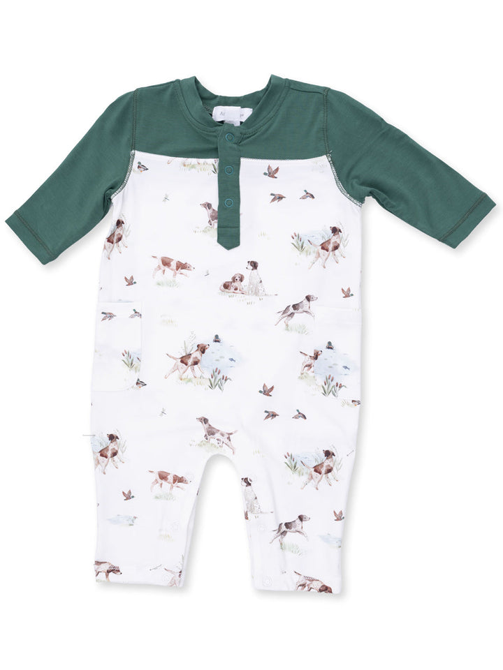 Green sleeve onesie featuring a playful dog print with birds and nature elements. Perfect for kids.