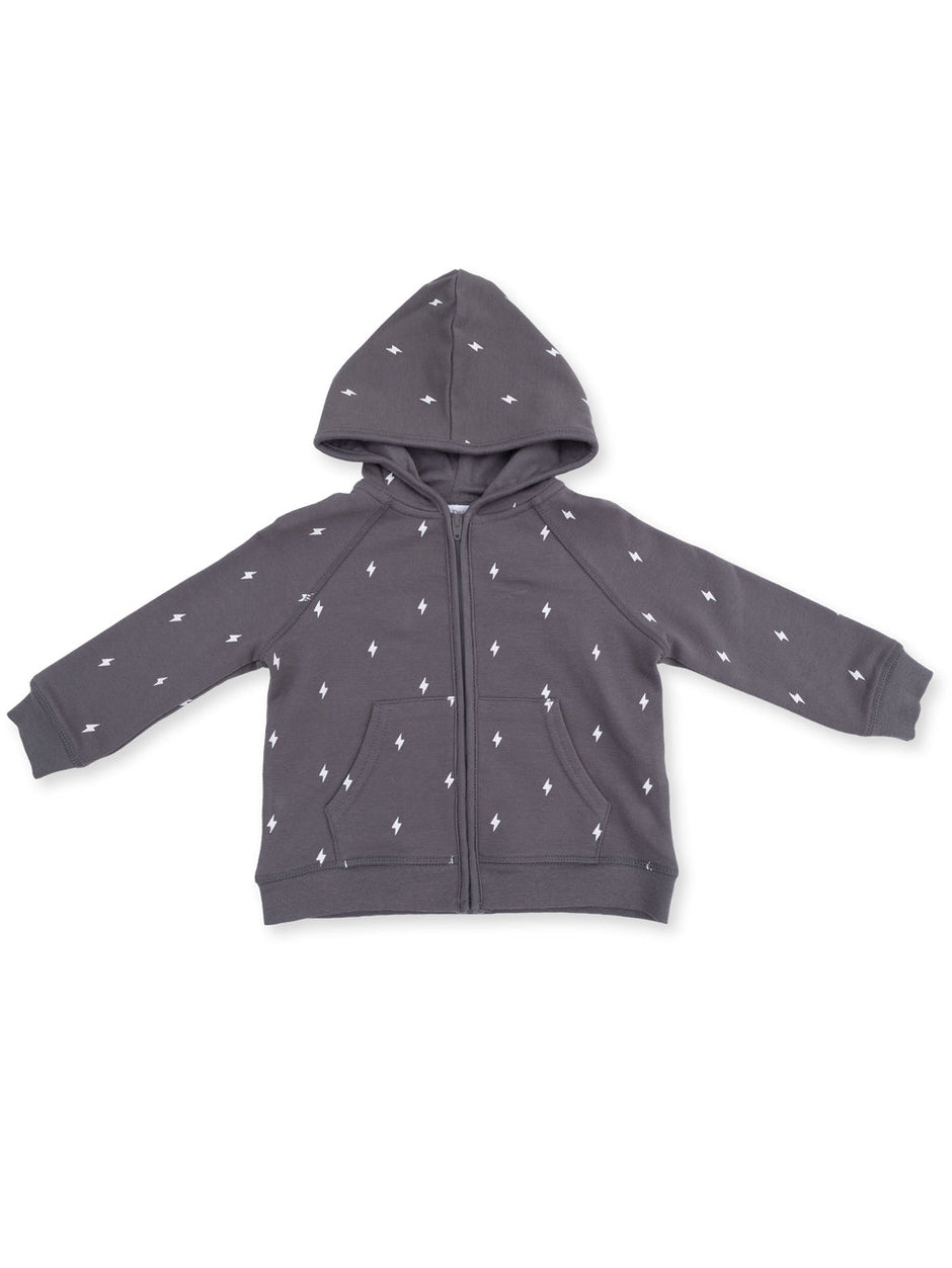Gray zip-up hoodie with white lightning bolt pattern, featuring a hood and front pockets.
