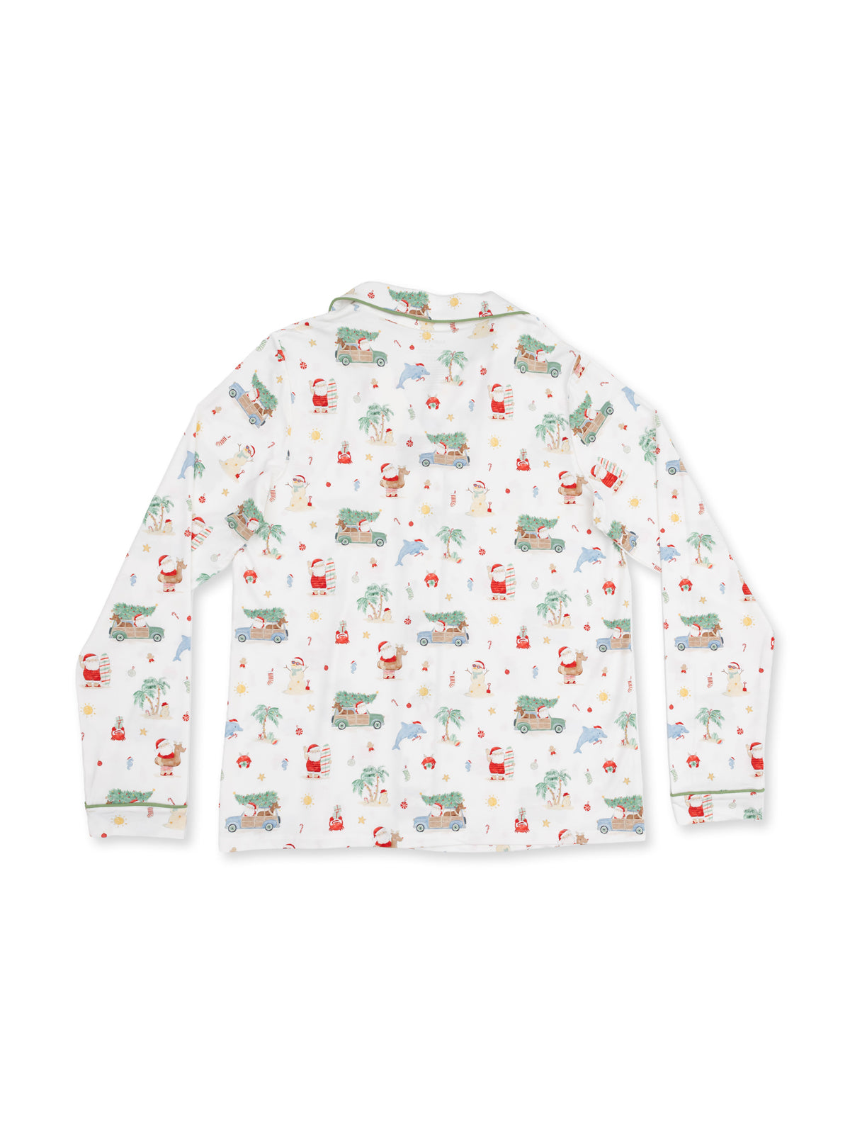 Long-sleeve children's pajama top featuring a playful holiday print with Santa, cars, and tropical motifs.