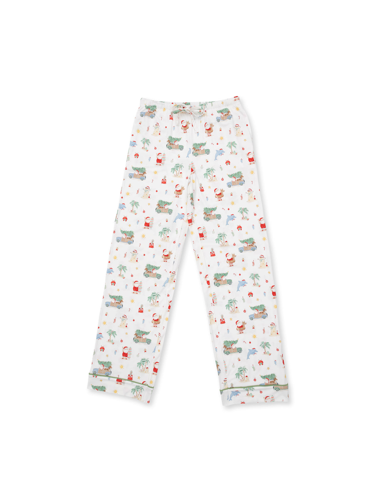 White pajama pants with colorful tropical prints, featuring cars, palm trees, and playful characters.