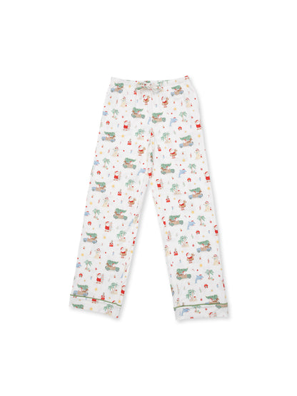 White pajama pants with colorful tropical prints, featuring cars, palm trees, and playful characters.