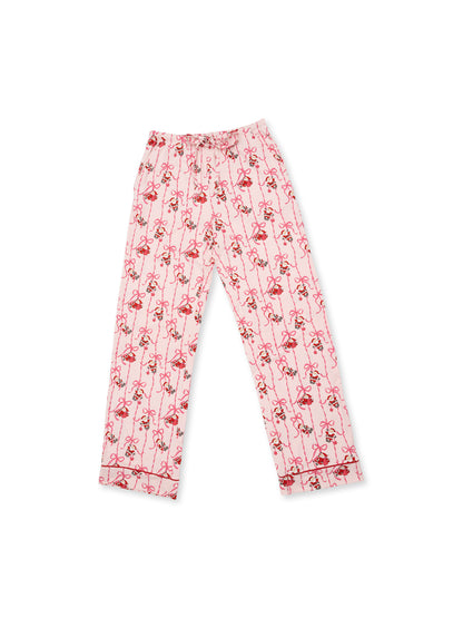 Pink pajama pants with floral and bow pattern, featuring an elastic waistband and relaxed fit.