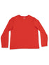Red long-sleeve shirt laid flat against a white background, showcasing its simple design and vibrant color.