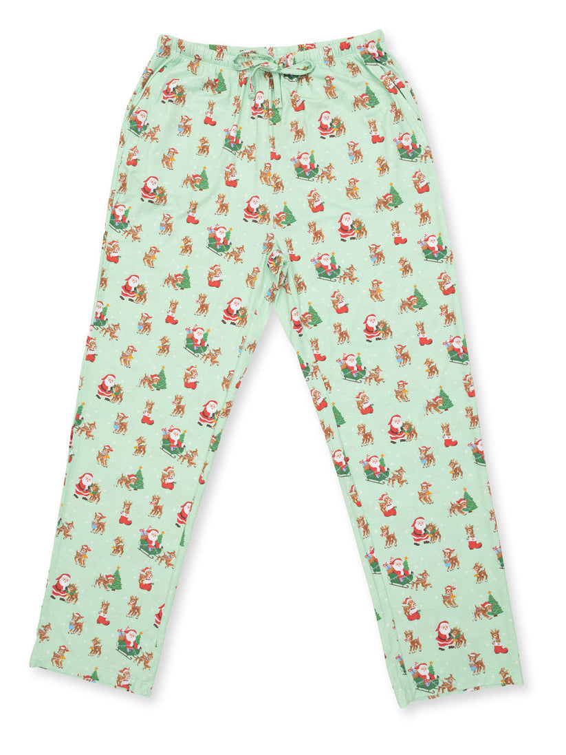 Mint green pajama pants with festive Santa and reindeer print, featuring a drawstring waist.