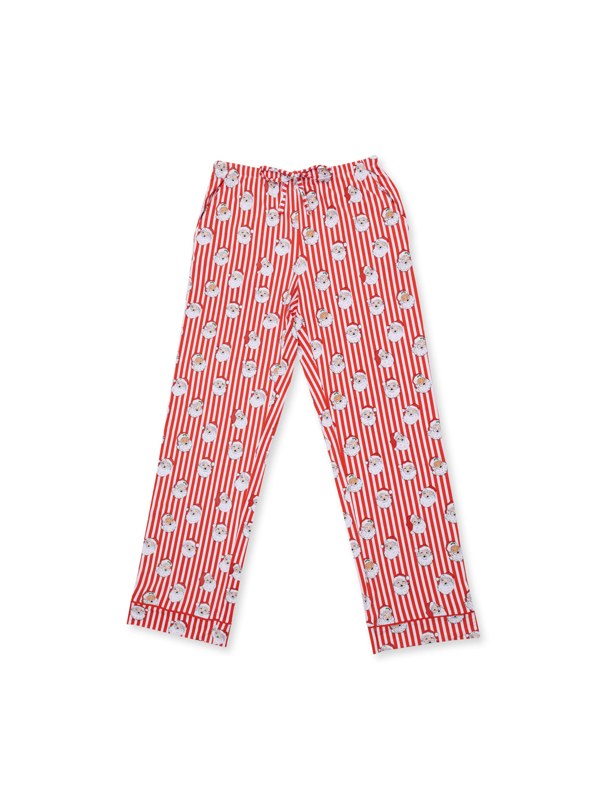 Red striped pajama pants featuring playful popcorn and smiling cartoon character designs.