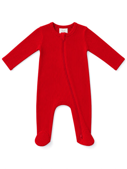 Red ribbed baby onesie with long sleeves, zip closure, and footed design for comfort and warmth.
