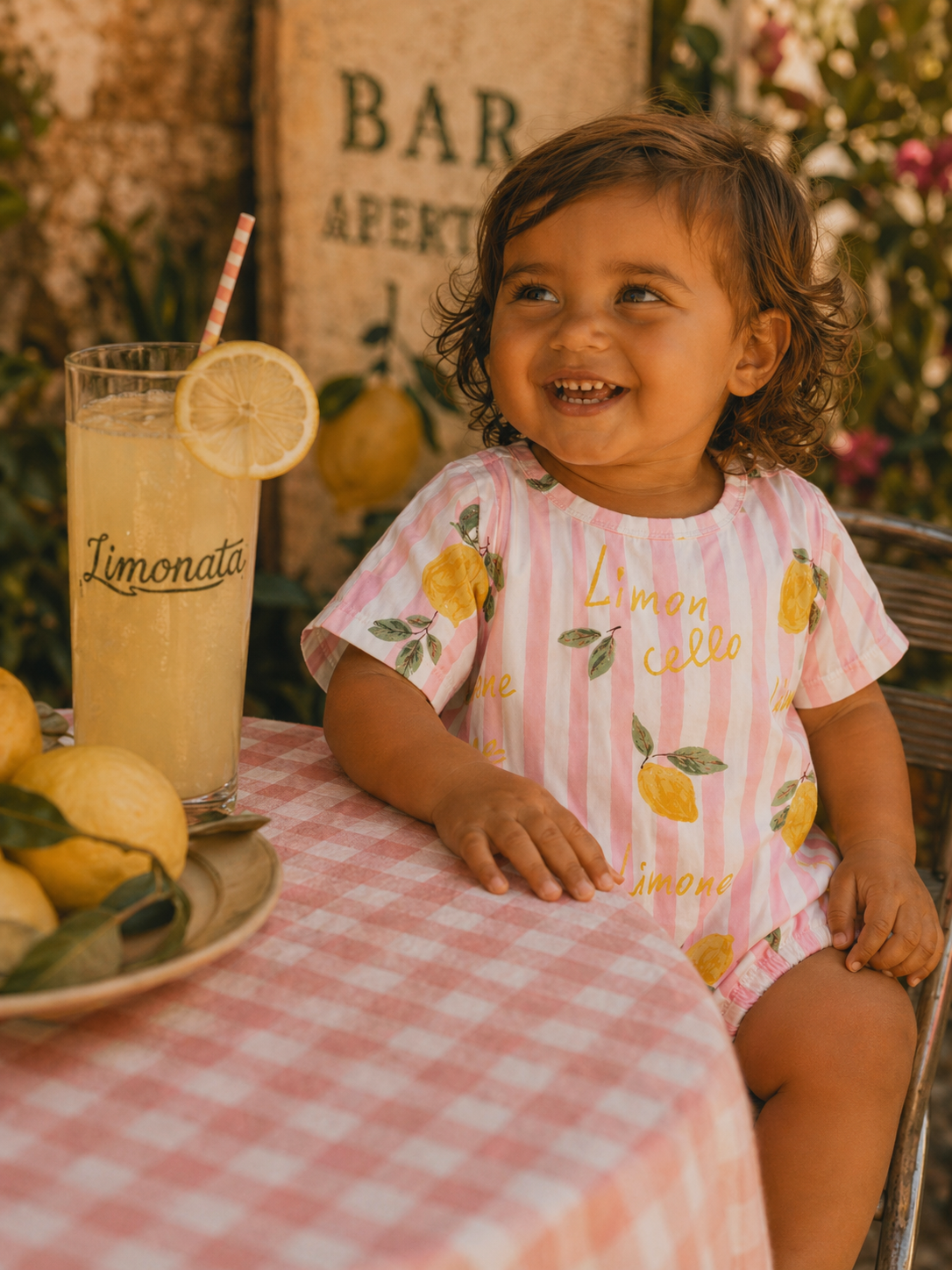 Smiling toddler enjoys Limonata at a table with lemons and a pink checkered tablecloth.