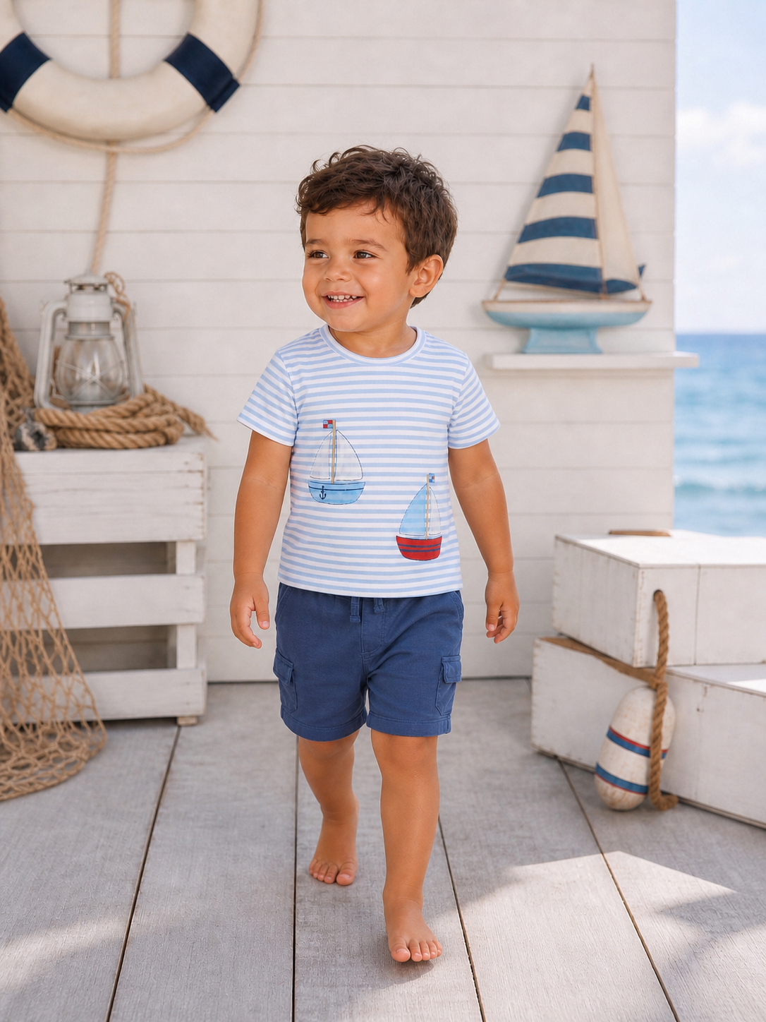 Smiling boy in a striped shirt with boat prints, walking on a wooden deck by the beach.