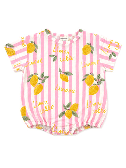 Pink striped baby onesie featuring a lemon print and "Limone" text, designed for infants 0-3 months.