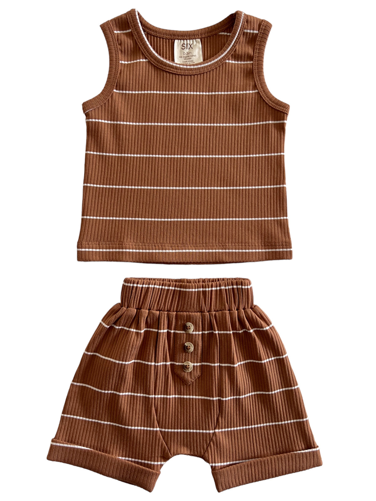 Brown striped toddler tank top and shorts set on a white background. Soft ribbed fabric with button detail.