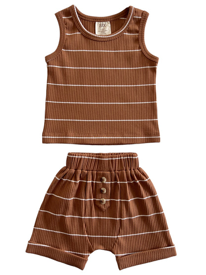 Brown striped toddler tank top and shorts set on a white background. Soft ribbed fabric with button detail.