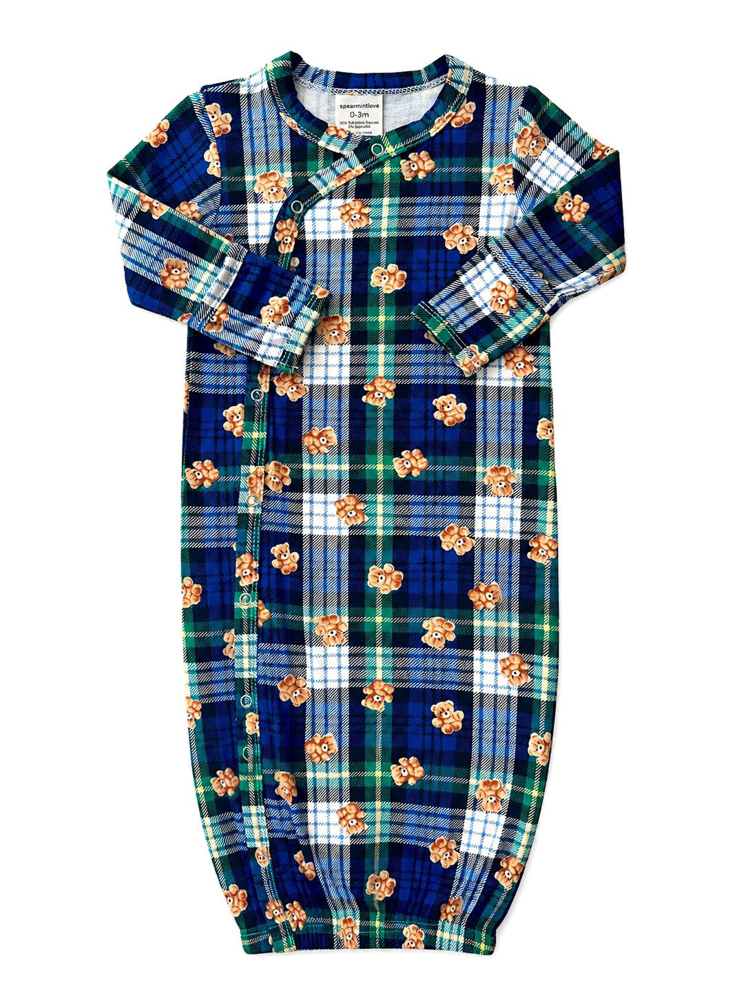 Plaid baby sleeper with bear print, featuring long sleeves and snap closures in blue, green, and white colors.