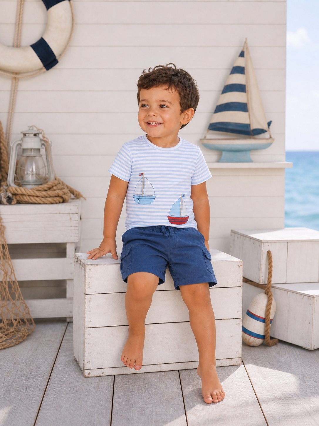 Smiling boy in nautical-themed shirt sits on a crate by the sea, with boats and nautical decor in the background.