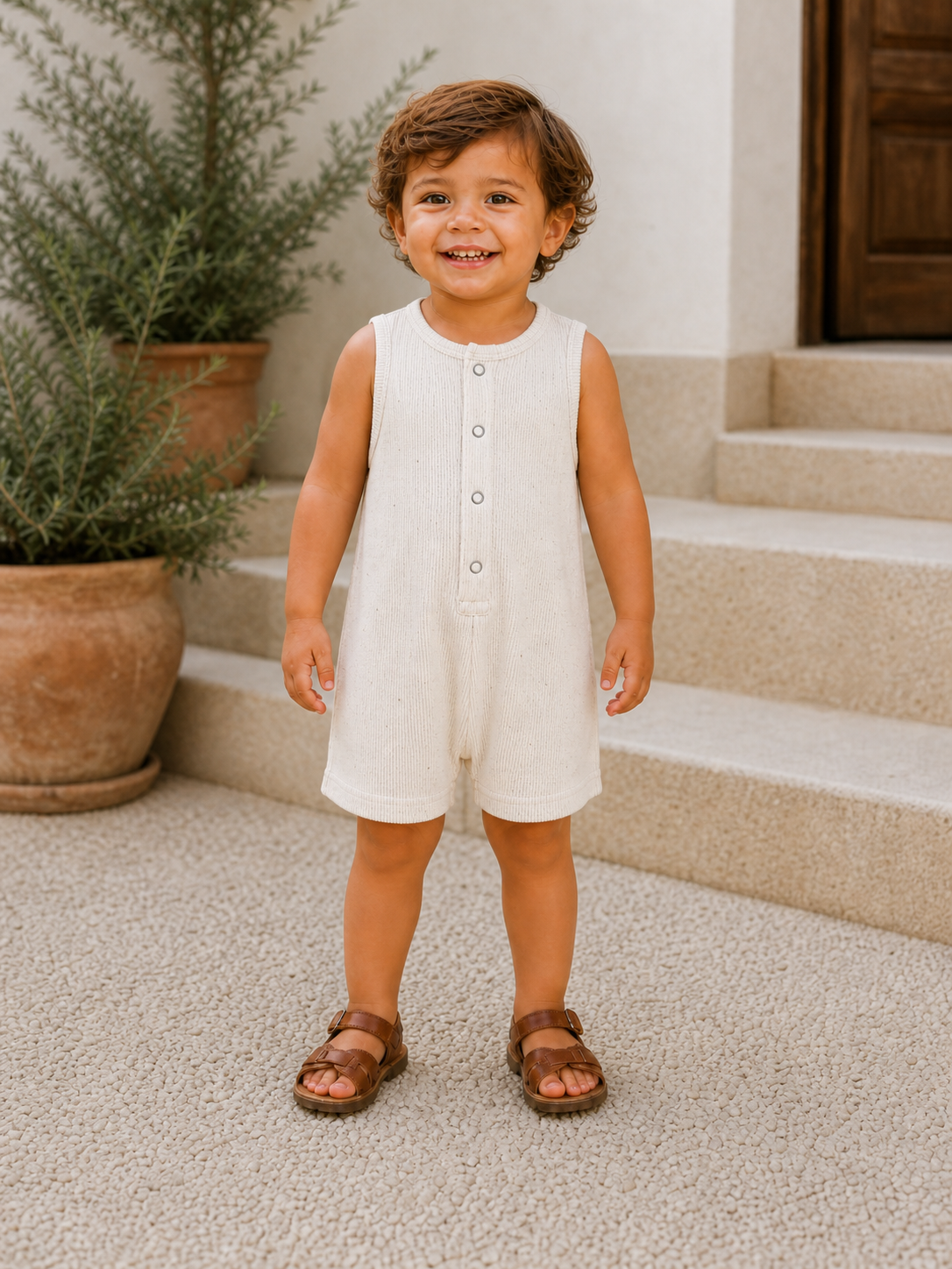 Smiling toddler in a light romper and sandals, standing on textured steps beside a potted plant.