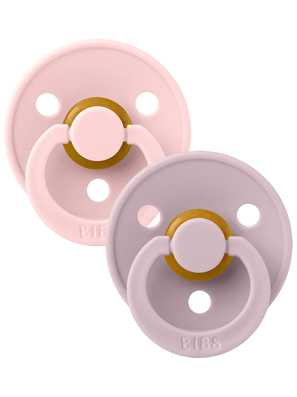 Two colorful pacifiers in soft pink and lavender with a round shield and a golden nipple.