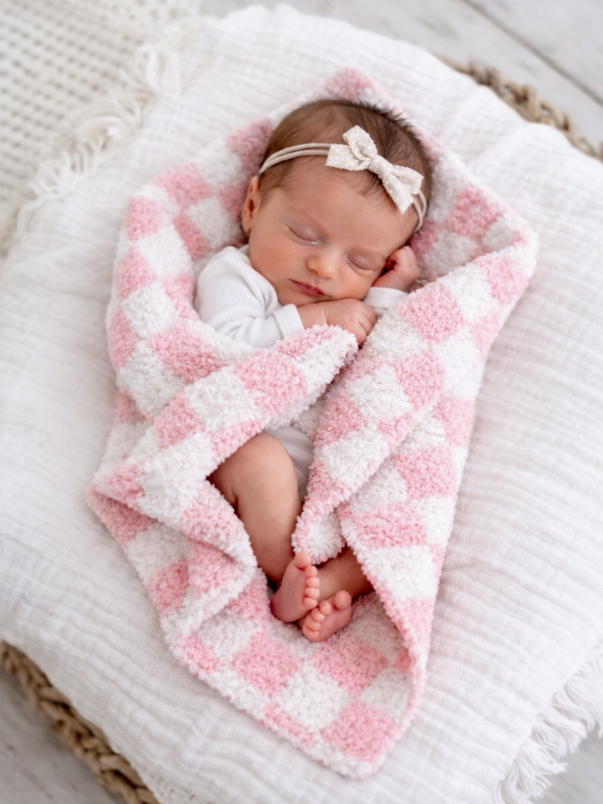 Newborn baby sleeping in a pink and white checkered blanket on a textured white blanket.