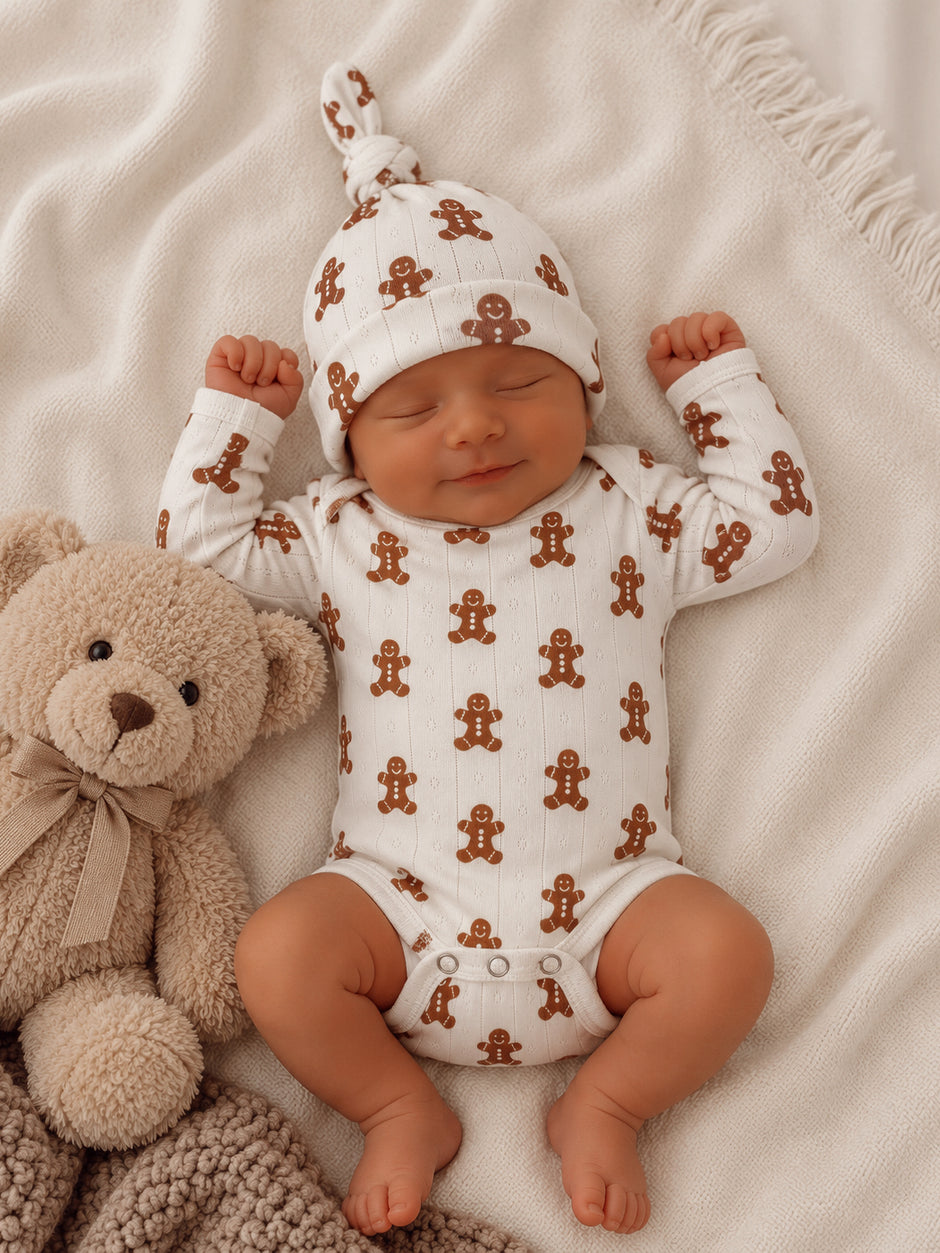 Baby in a gingerbread-themed onesie, peacefully sleeping next to a teddy bear on a soft blanket.