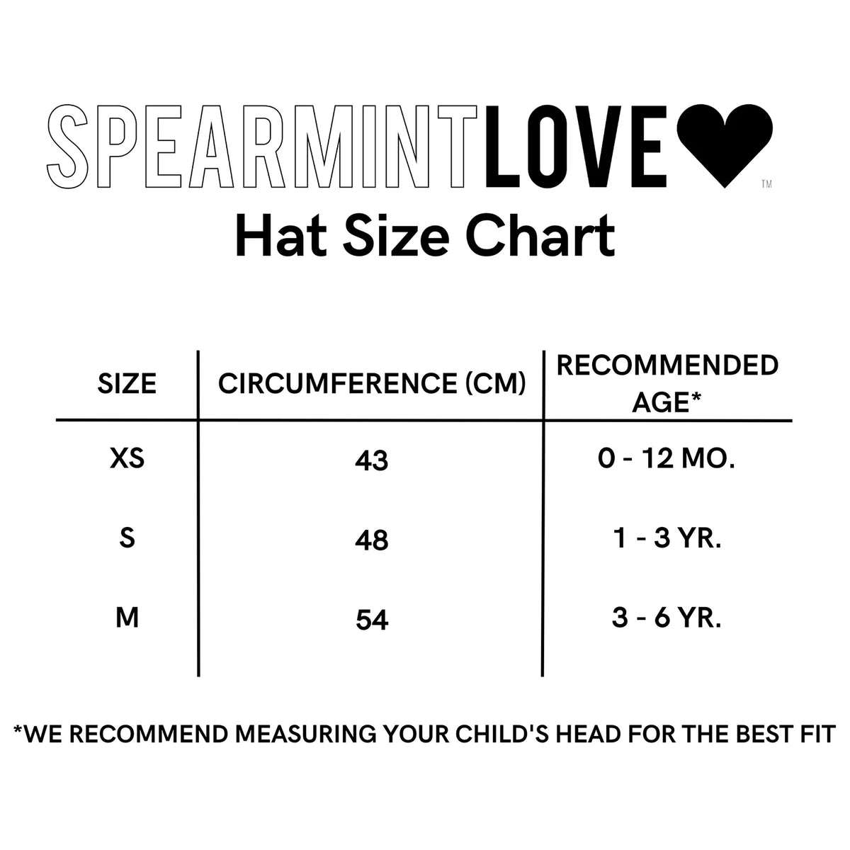 Hat size chart by SpearmintLOVE, detailing size, circumference, and recommended age for children's hats.