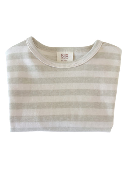 Striped baby shirt folded neatly, size 0-3 months, featuring soft cotton fabric in light colors.
