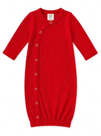 Red ribbed baby gown with long sleeves and snap buttons, suitable for infants aged 0-3 months.