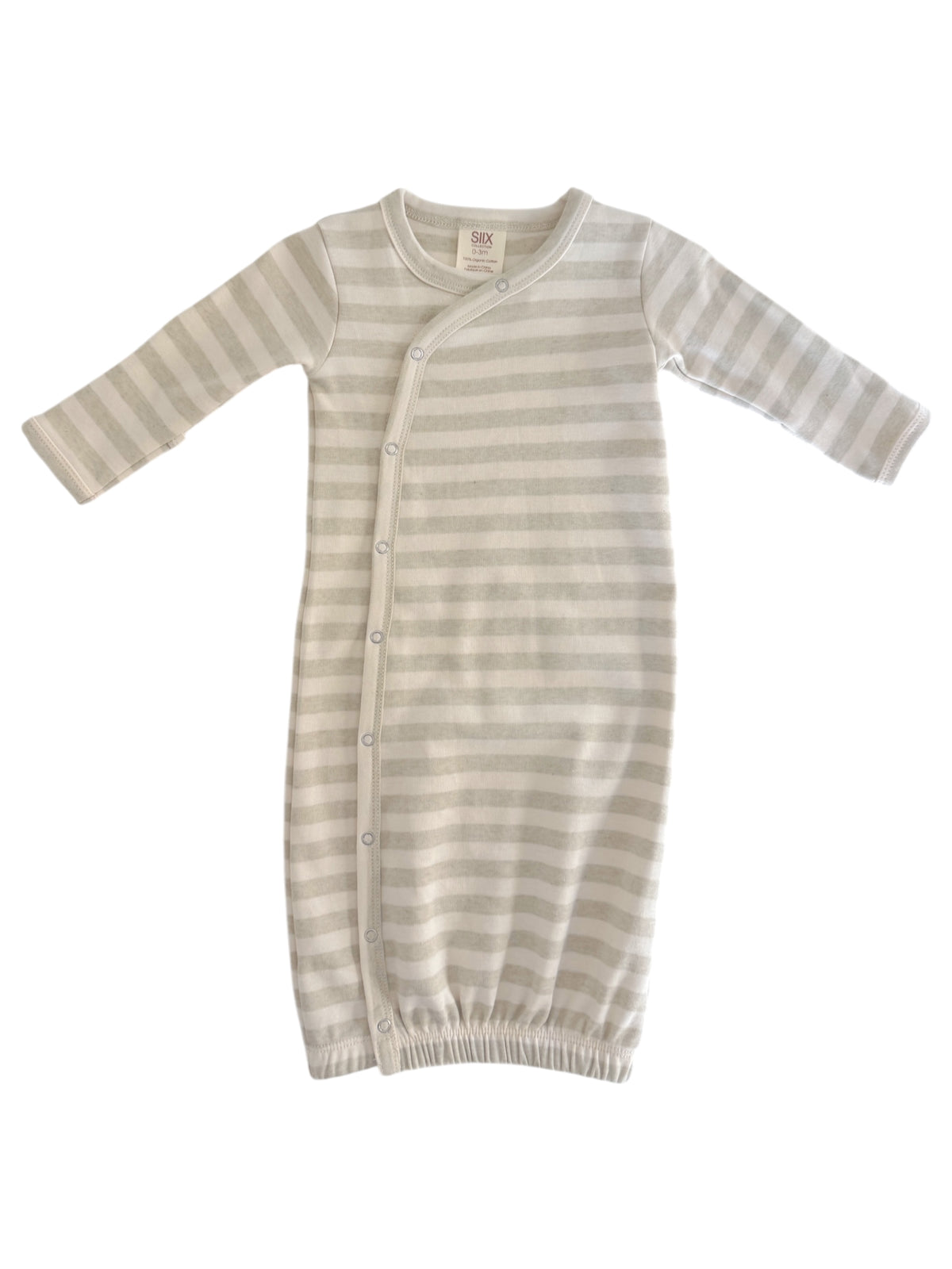 Striped baby gown with long sleeves and button closure, designed for comfort and easy diaper changes.