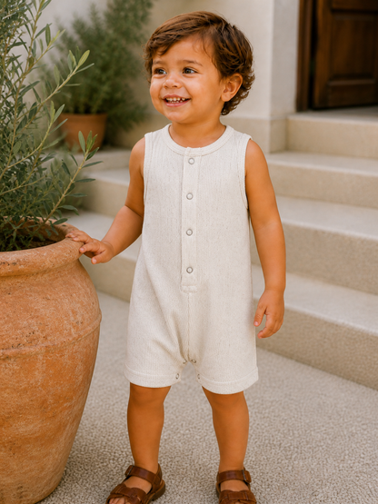 Smiling young child in a light romper stands beside a potted plant on outdoor steps.
