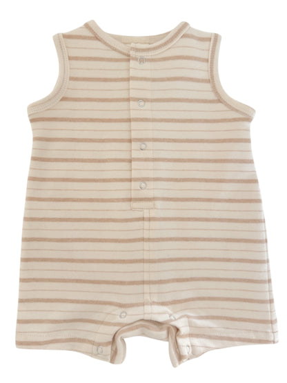 Beige-striped infant romper with sleeveless design and snap closures down the front and between the legs.