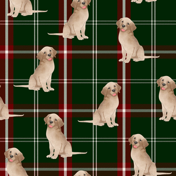 Pattern of playful golden retriever puppies on a dark green and red plaid background.
