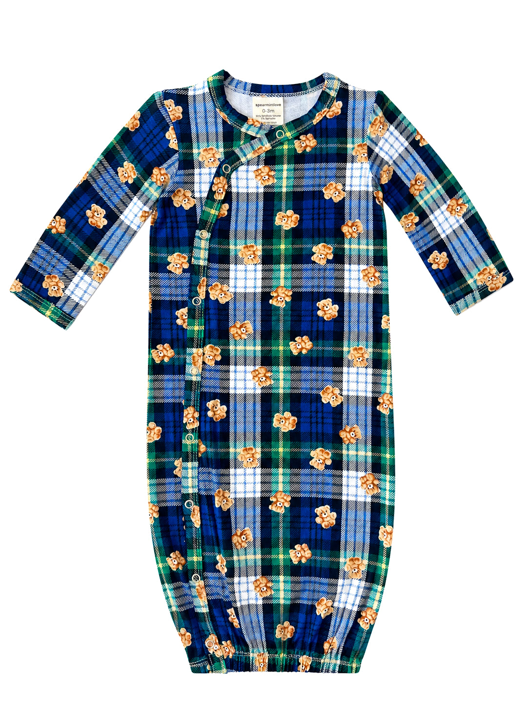 Blue and green plaid sleeper gown with teddy bear print and snap closure for infants, size 0-3 months.