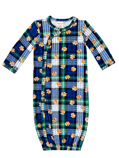 Blue and green plaid sleeper gown with teddy bear print and snap closure for infants, size 0-3 months.